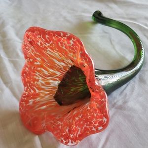 Art Glass Hand Blown Ruffled Long Stem Red Flower.